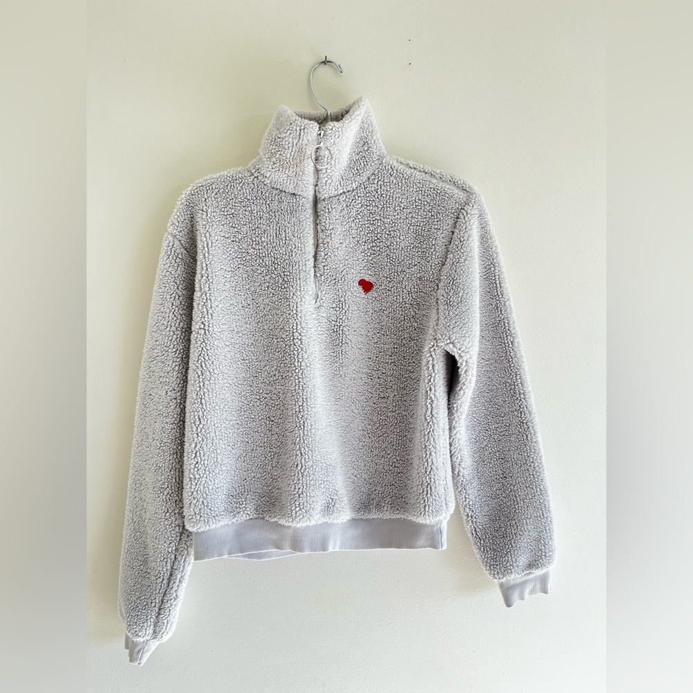 TopShop Heart Quarter Zip Pullover Sherpa Teddy Heart Embroidery Gray Size 6
